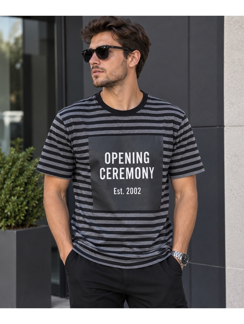 Opening Ceremony Black Gray Striped Logo Graphic T-Shirt Men’s Size S NWT